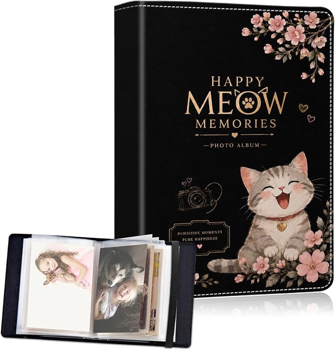 DEGDFSGR 4x6 Small Photo Album, 60 Pockets Holds 120 Photos | Slip-in pockets, black elastic band, portable for family, wedding, baby, travel photos, Tabby Cat Pink Cherry Blossom by Unknown