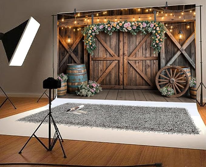 8x6ft Country Wedding Photography Backdrop Rustic Barn Door Photography Backdrop Farmhouse Pink Flower Cabin Wooden Birthday Baby Shower Wedding Bridal Party Banner Photo Booth Props Background - Image 5