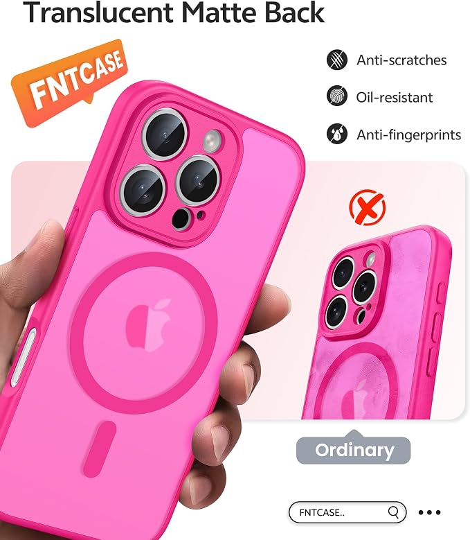 FNTCASE for iPhone 16 Pro Case, Fit for Magsafe, with Screen Protector | Full Camera Protection, Translucent Matte, 14FT Military Grade Drop Proof, Shockproof Protective Phone Cover, Hot Pink - Image 6