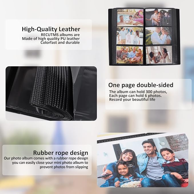 RECUTMS Photo Album 4x6 for 300 Photos Leather Family Pictures Book Black | Black Page, Horizontal Pockets, Small Album for Anniversary, Wedding, Graduation Photobook, DIY Cover Window, Birthday Gifts - Image 4