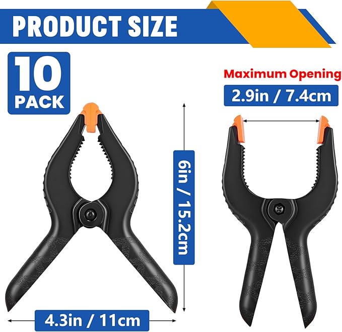 10 Pack 6 inch Plastic Spring Clamps, Black Heavy Duty Clips | Backdrop Clips, Plastic Clamps for Crafts, Backdrop Stand, Woodworking, Photography - Image 2