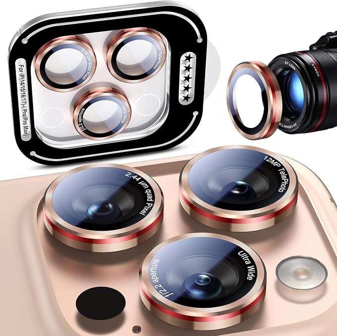 Uyiton for iPhone 17/16/15/14 (Pro Max & Pro) Camera Lens Protector | Unique Lines Text Design, Case-Friendly, Military-Grade Sapphire Glass Metal Camera Cover, Easy to Install, Gold+Red by Uyiton