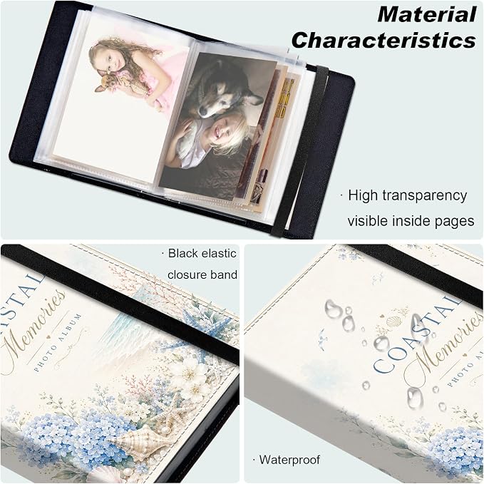 DEGDFSGR 5x7 Small Photo Album, 60 Pockets Holds 120 Photos | Slip-in pockets, black elastic band, portable for family, wedding, baby, travel photos, Seaside Coastal Hydrangea Seashell - Image 5