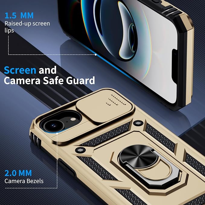 for iPhone 17e Case & iPhone 16e Case with 2X HD Screen Protector & Slide Camera Cover & Rotated Ring Kickstand, Rugged Heavy Duty Protective Phone Case for iPhone 17e/16e 6.1", Gold - Image 6