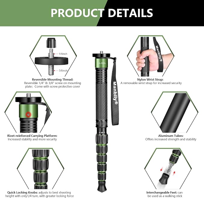 Camera Monopod Aluminum Portable Compact Lightweight Travel Monopod with Carrying Bag Walking Stick Handle,for DSLR Canon Nikon Sony Video Camcorder (Aluminum, Green&Black) - Image 4
