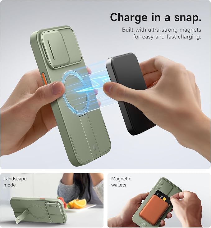 SURITCH for iPhone 14 Pro Max Case with Magnetic Camera Slide Cover and Adjustable Kickstand, Compatible with MagSafe, Shockproof Bumper Case Slim Protective Cover 6.7 Inch, Green - Image 3
