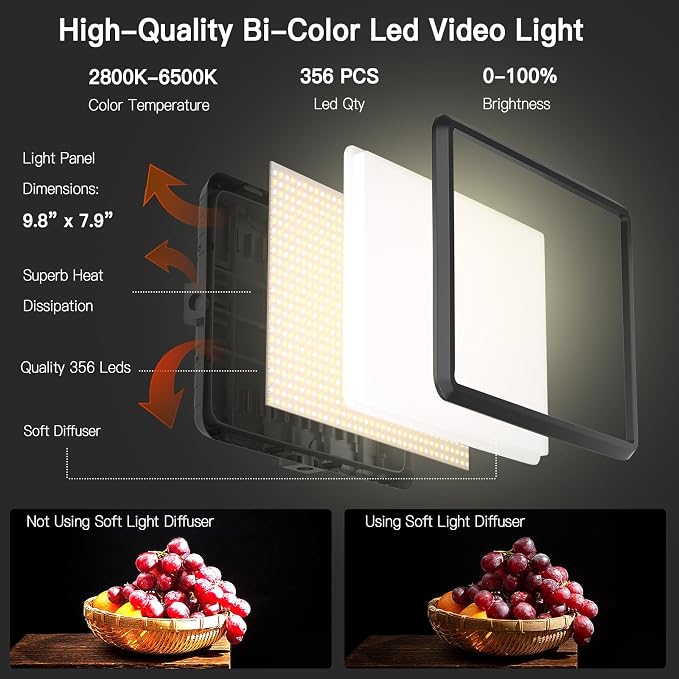 2-Pack LED Video Light Kit, NiceVeedi Studio Light, 2800-6500K Dimmable Photography Lighting Kit with Tripod Stand&Phone Holder, 73" Stream Light for Video Recording, Game Streaming, YouTube - Image 2