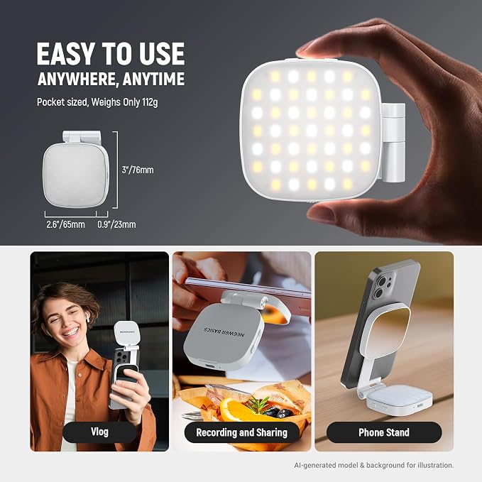 NEEWER Basics Magnetic Selfie Light Compatible with MagSafe iPhone, 2W CRI95+ Bi Color Swivel Small LED Phone Fill Lighting, 680lx/0.3m, Mirror for Vlog Recording Makeup Video Conference, NL45B White - Image 8