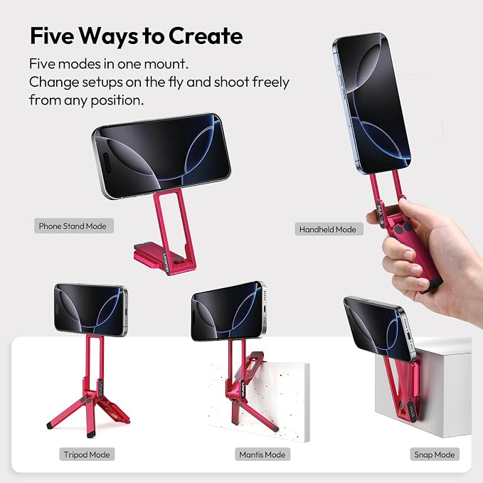 ULANZI MA38 Magnetic Phone Tripod for iPhone, Portable Phone Holder Red | Portable Phone Tripod for Magsafe w Foldable Hook Double-Sided 1/4'' Screw for Travel Vlog Selfie iPhone 17/16/15/14/13 - Image 2
