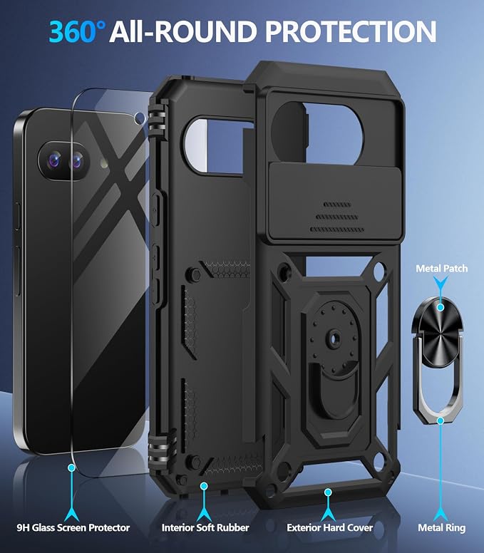Taisairu for Google Pixel 9A Case with Screen Protector & Slide Camera Lens Cover, Built-in 360°Rotate Magnetic Ring Stand Shockproof Protective Phone Case for Google Pixel 9A Case (Black) - Image 2