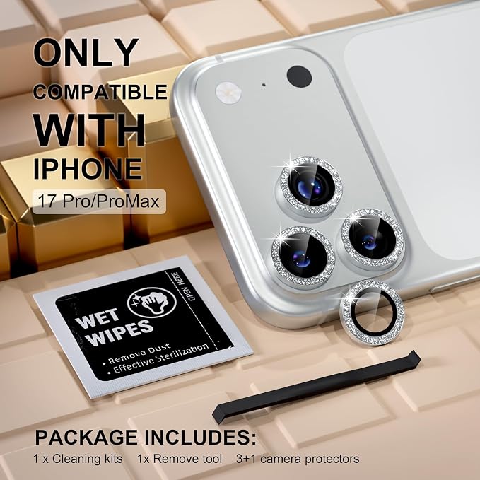Misea Compatible for iPhone 17 Pro/iPhone 17 Pro Max Camera Lens Protector | 9H Tempered Glass Ultra HD Bling Camera Screen Protector Cover Metal Individual Ring Decoration Accessories, Silver Glitter - Image 2