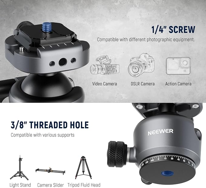 NEEWER GM41 Low Profile Tripod Ball Head, 40mm Metal Panoramic Camera Mount Adapter with 1/4" Arca Type QR Plate Compatible with PD, 360° Swivel & 90° Tilt, Max Load 11lb - Image 4
