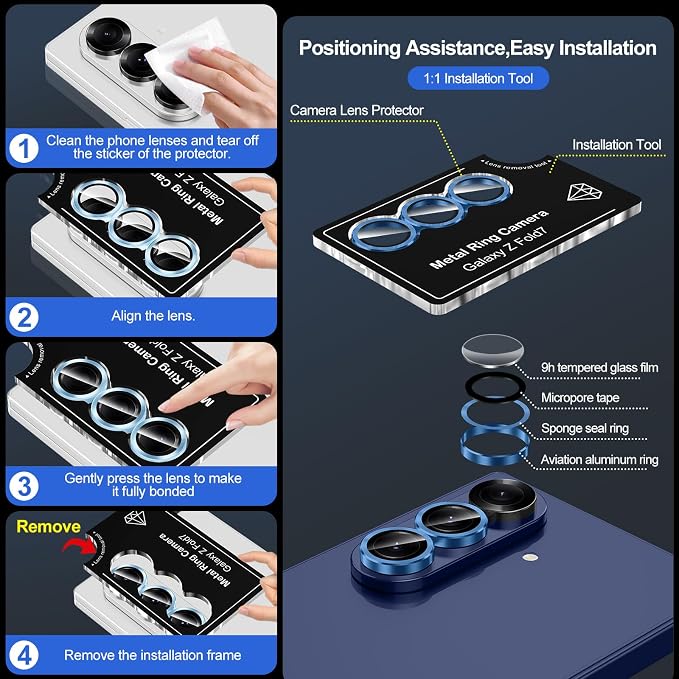 for Samsung Galaxy Z Fold 7 Camera Lens Protector, Individual Metal Ring Tempered Glass Lens Cover, [Strong Adsorption] Scratch Resistant Ultra-Thin HD Clear Lens Cover, 1 Set-Blue Shadow - Image 6