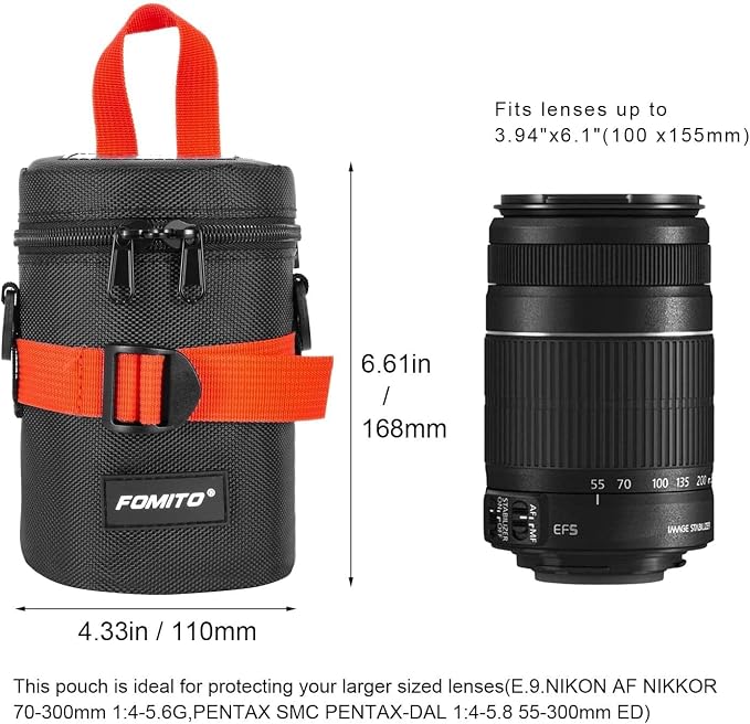 FOMITO M Size Water-Resistant Camera Lens Pouch Bag - Shockproof Protective Case with Mesh Pocket, Compatible with Canon EF-S 17-55mm, Nikon AF-S 18-200mm, Fujifilm XF 56mm & Lenses Under 3.94"x6.1" - Image 7