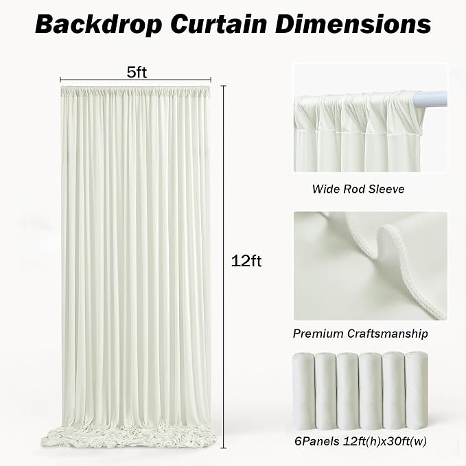 30x12 ft Ivory Backdrop Curtains for Weddings Parties, Birthdays and Photos | 6 Panels 5x12 ft, Wrinkle-Free Polyester Drapes, Washable, Ironable, 4 in Rod Pocket for Baby Showers Photography Background - Image 6