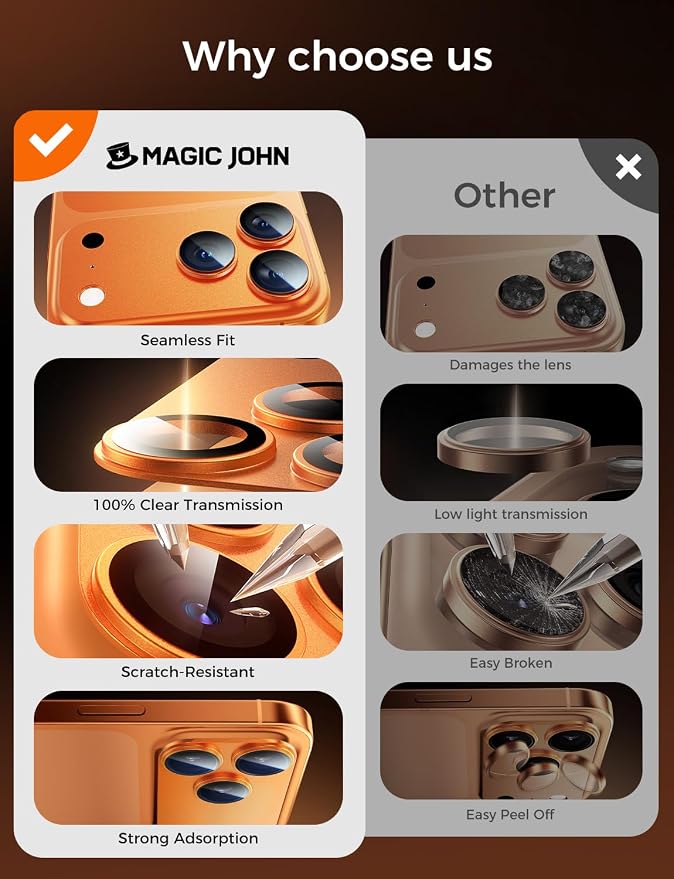 MAGIC JOHN 2 Pack Camera Lens Protector for iPhone 17 Pro 6.3 inch,Orange | Full Coverage, Metal Aluminum Alloy Camera Lens Film, HD Clear, Scratch Resistant, Case-Friendly - Image 6