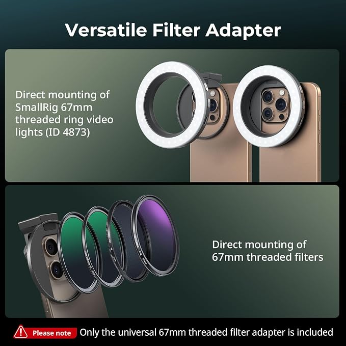 SmallRig Universal 67mm Threaded Filter Adapter for Phone Photography, Compatible with 67mm Threaded Filters & LED Lights, Built-in Cold Shoe Mount -5174 - Image 4
