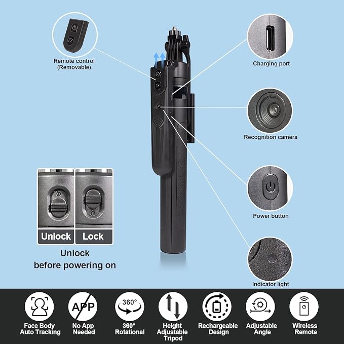 Auto Face Tracking Tripod for iPhone with Light and Remote Control | 360° Rotation Selfie Stick for iPhone/Android, No App, Phone Tripod for TikTok, Live Streaming, Vlogging - Image 6