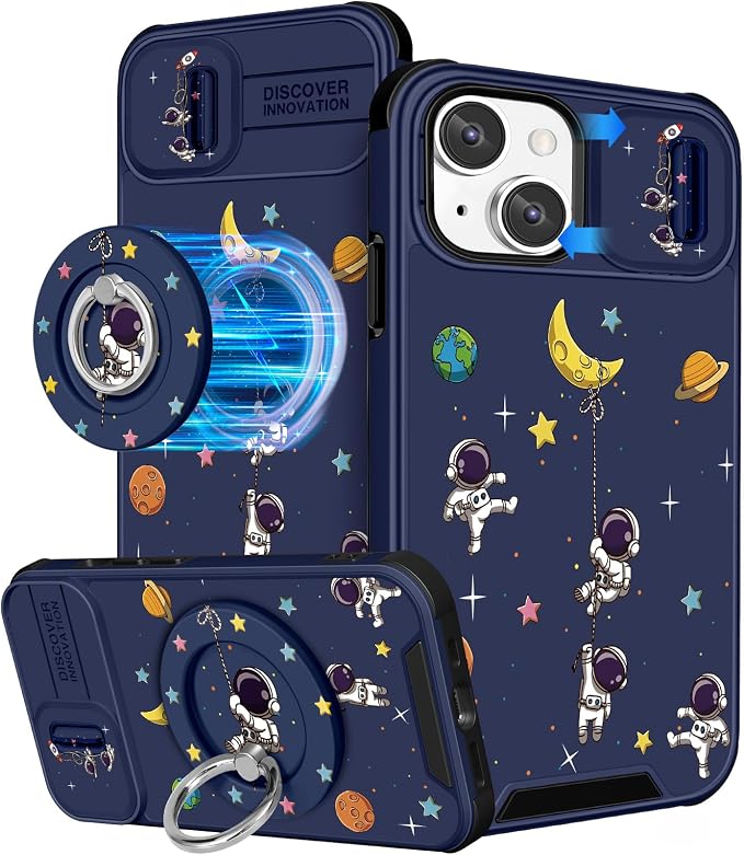 Buleens for iPhone 13 Case 6.1 Inch - with Ring Stand & Camera Cover Aesthetic Cute Designed for Women Girls Cartoon Astronaut for Phone Case for iPhone 13 Compatible with Magsafe by Buleens