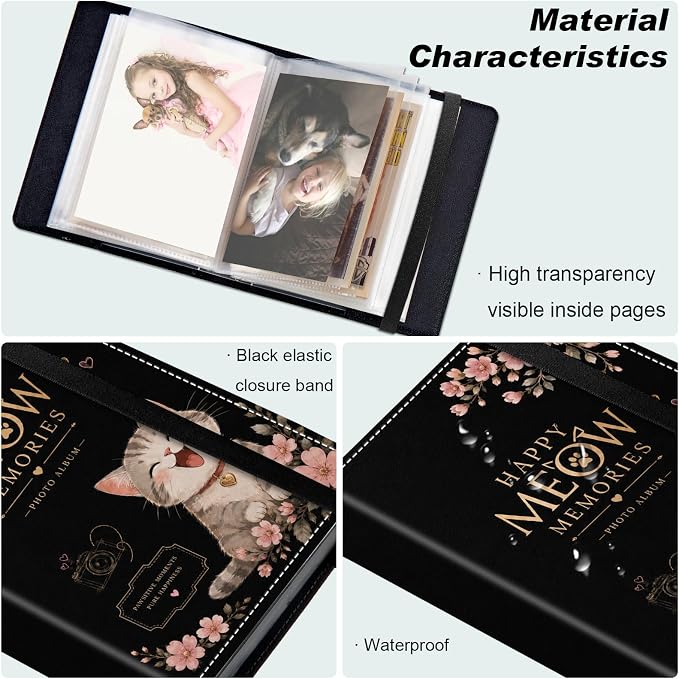 DEGDFSGR 4x6 Small Photo Album, 60 Pockets Holds 120 Photos | Slip-in pockets, black elastic band, portable for family, wedding, baby, travel photos, Tabby Cat Pink Cherry Blossom - Image 5