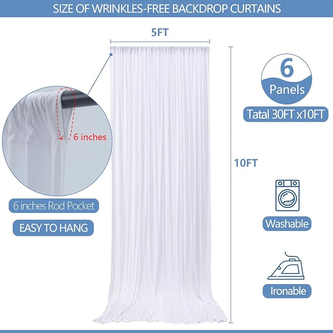 30x10ft Wrinkle Free White Backdrop Curtain for Parties Soft Fabric Drapes Wedding White Curtain Backdrop for Birthday Party Decorations Background for Photography 5x10ft, 6 Panels - Image 3