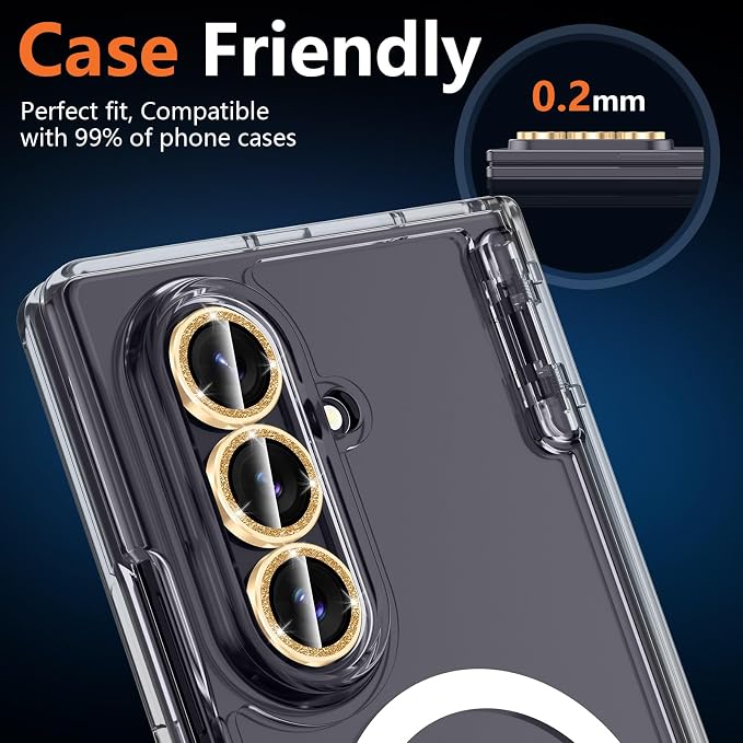 for Samsung Galaxy Z Fold 8 Ultra Camera Lens Protector, Individual Metal Ring Tempered Glass Lens Cover, [Strong Adsorption] Scratch Resistant Ultra-Thin HD Clear Lens Cover, 1 Set-Gold Sparkly - Image 6