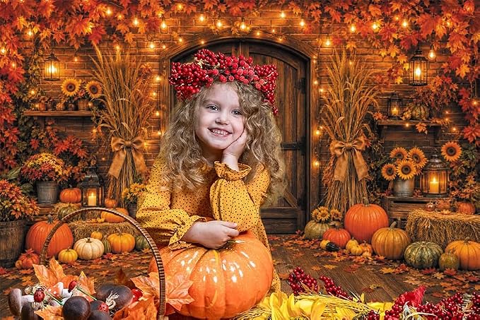 Rustic Barn Wooden Door Fall Backdrop 7x5ft Brick Wall Maple Leaf String Light Thanksgiving Background Pumpkin Sunflower Haystack Harvest Autumn Famliy Party Decorations Vinyl - Image 5
