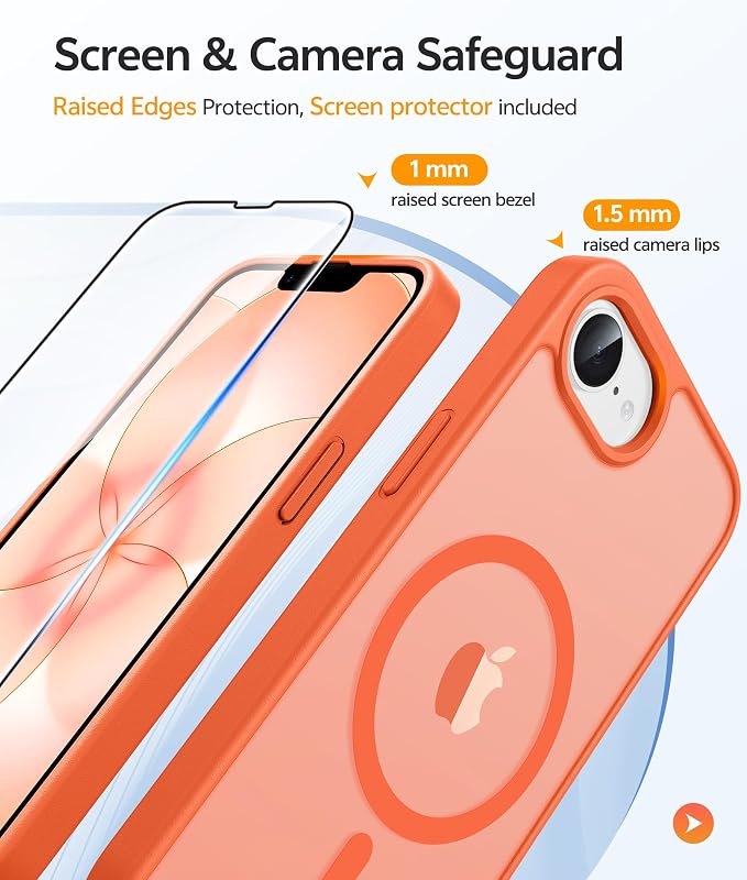 FNTCASE for iPhone 17e/ iPhone 16e Case, Fit for Magsafe, Screen Protector | Translucent Matte Magnetic Back, 14FT Military Grade Drop Protection, Shockproof Protective Phone Cover, Orange - Image 4