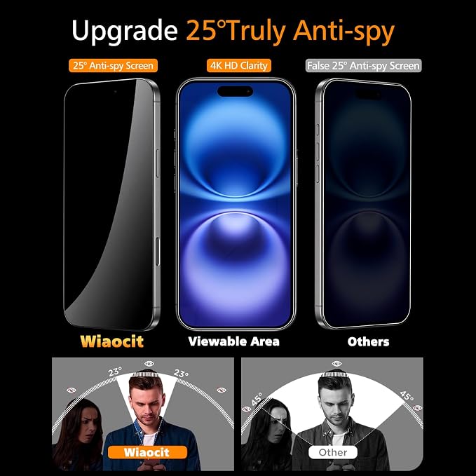 Wiaocit Tempered Glass Privacy Screen Protector for iPhone 16 Plus | 3+3 Pack, 9H Hardness, Camera Lens Protector, Installation Frame, Bubble Free, Case Friendly - Image 2