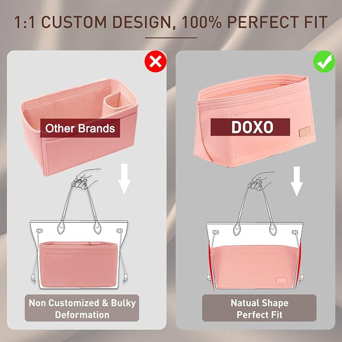 Doxo Purse Organizer Insert for Handbags & Base Shaper 2pc Set, Felt Neverfull MM Organizer Insert, Tote Bag Organizer with Zipper Pocket and Bottle Holder, Fit Speedy 30 Neverfull MM and More,Pink-L - Image 4