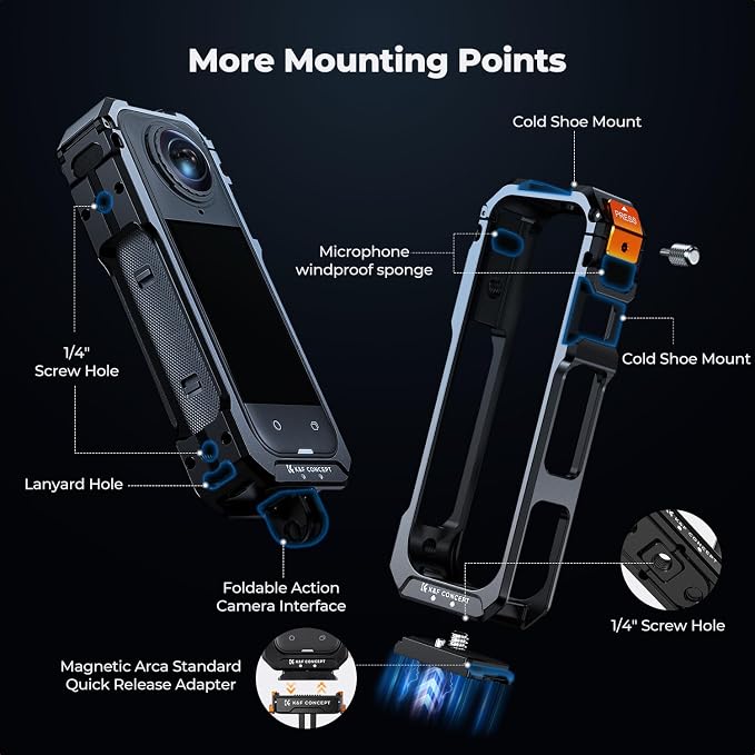 K&F Concept Camera Cage +Lens Cover + Screen Protector Kit for Insta360 X5 | Aluminum Alloy Protective Frame Case, with Quick Release&1/4" Screw Hole & 2 Cold Shoe Mounts for Microphone, LED Light -CI01 - Image 2
