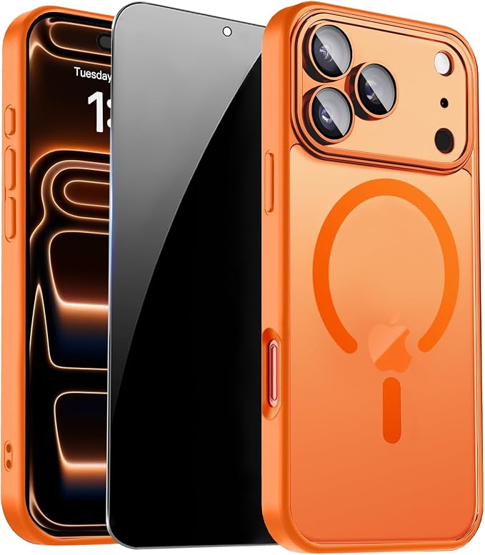 for iPhone 17 Pro Case with Privacy Screen Protector, Orange | Full Camera Protection, Compatible with MagSafe, Magnetic Translucent Matte Shockproof Phone Cover for iPhone 17 Pro by ZOZDOKG