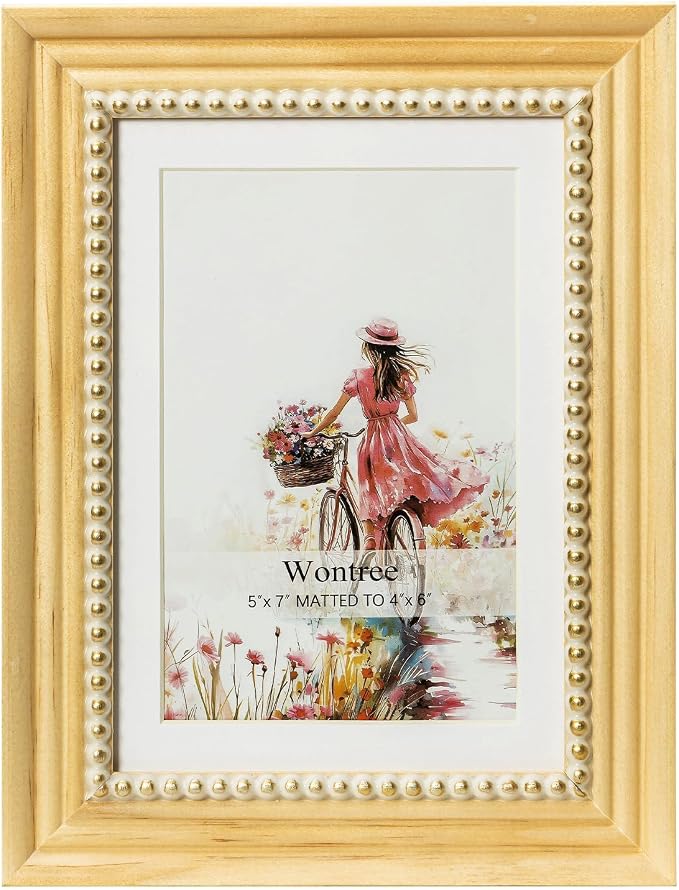 5x7 Picture Frame in Nature with Gold Beaded Border, Pine Wood with Real Glass, Display 5x7 Photos Matted to 4x6, Vertical and Horizontal Desk Tabletop or Wall Hanging - Image 2