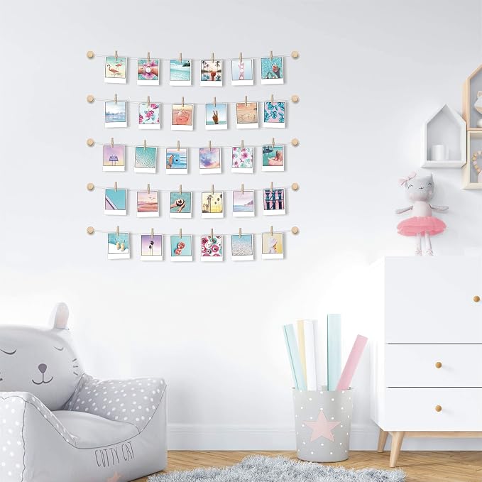 Hanging Photo Display Room Wall Decor - Sculptural Picture Frames Collage - 5 Strings with 30 Clips - 3M Self Adhesive Hooks - No Holes Drilling - 30 x 30 inch - Image 7