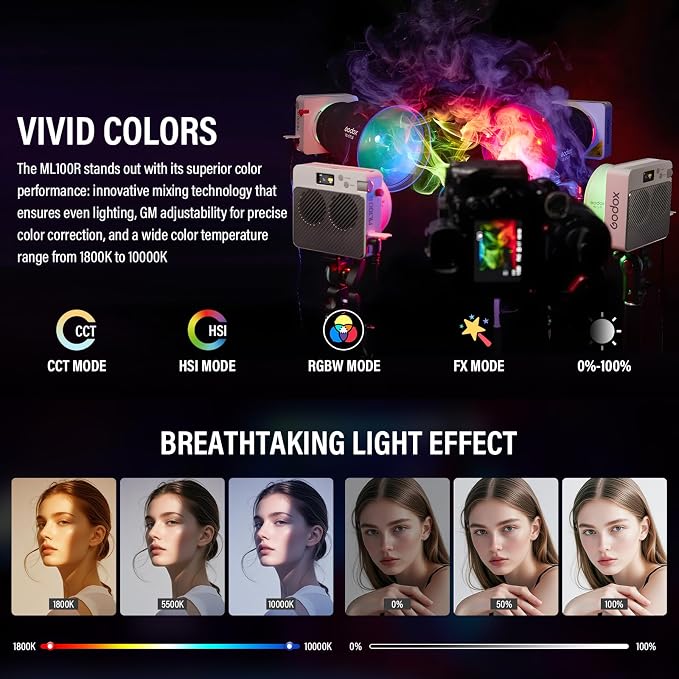 Godox ML100R RGB COB LED Video Light Portable 110W Full-Color | 1800K-10000K CRI 97+/TLCI 98+ 14 FX Effects Support APP Control for Studio/Live Streaming/Outdoor - Image 2
