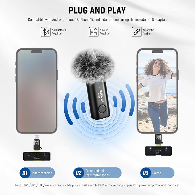 NEEWER Lavalier Wireless Microphone System, 1x USB C Receiver with OTG Adapter & 1x Noise Cancelling Omnidirectional Condenser Transmitter Compatible with iPhone 16 Pro Max S24 Ultra, KM23 - Image 5