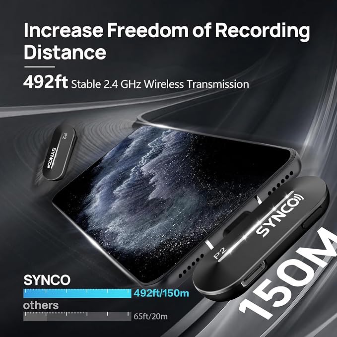 SYNCO Wireless Lavalier Microphone, 2 Mics for iPhone 15/16/17 Pro Max & Android Phones, USB-C Lapel Mic with Noise Cancellation, 150m Range, Real-Time Monitoring for TikTok, YouTube, Vlog & Streaming - Image 2