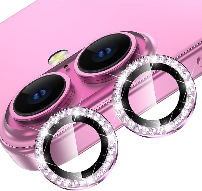 YWXTW Camera Lens Protector for iPhone 16/iPhone 16 Plus, Individual Bling Diamond Metal Ring Tempered Glass Camera Cover Screen Protector for iPhone 16 Accessories, Case Friendly (Pink Diamond) by YWXTW