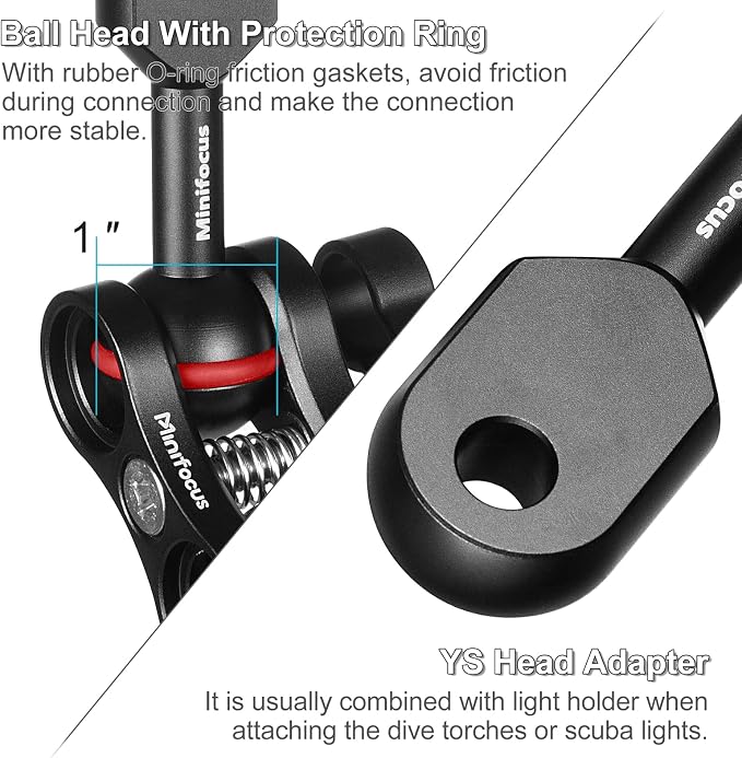 MINIFOCUS 1" Ball to YS Head Clip Arm, 2PCS 3.35"/8.5cm Aluminum Alloy YS Head Adapter Lightweight Arm Underwater Photography Lighting System Connector for Diving Strobe/Video Light - Image 2