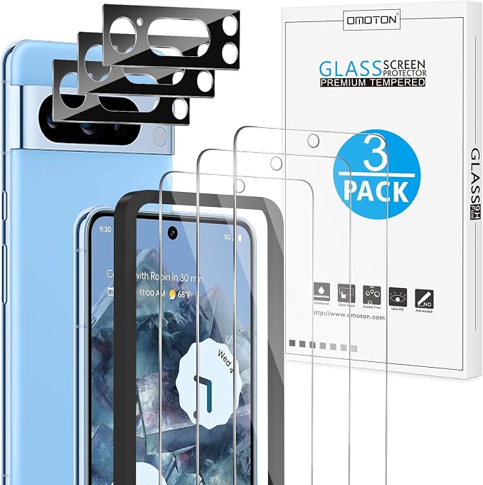 OMOTON 3+2 Pack for Pixel 8 Pro Screen Protector (6.7 Inch, 2023 Released) | 3 Pack for Pixel 8 Pro Tempered Glass, 3 Camera Lens Protector, Fingerprint Sensitivity, HD Clear by OMOTON
