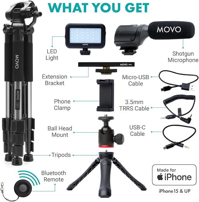 Movo USB-C Vlogging Kit for iPhone 15 with Fullsize Tripod - USB Type-C Compatible Vlog Kit- Accessories: Tripods, Phone Mount, LED Light, Shotgun Mic for YouTube Starter Kit - iPhone 15 Vlogging Kit - Image 2