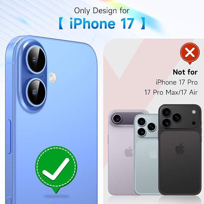 YWXTW Camera Lens Protector for iPhone 17, Individual Anti Scratch Metal Ring Tempered Glass Camera Screen Protector for iPhone 17 Accessories, Case Friendly (Blue) - Image 2