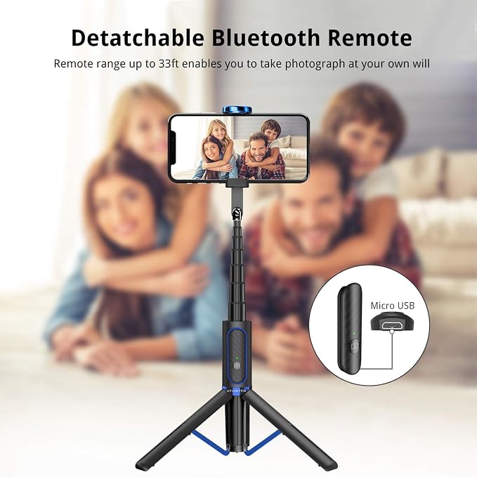 ATUMTEK Selfie Stick Tripod, 3-in-1 Extendable Aluminum Phone Tripod with Detachable Bluetooth Remote, Compatible with iPhone 17/16/15/14/13/12/11/11 Pro/XS Max/XR and Samsung Smartphones, Blue - Image 4