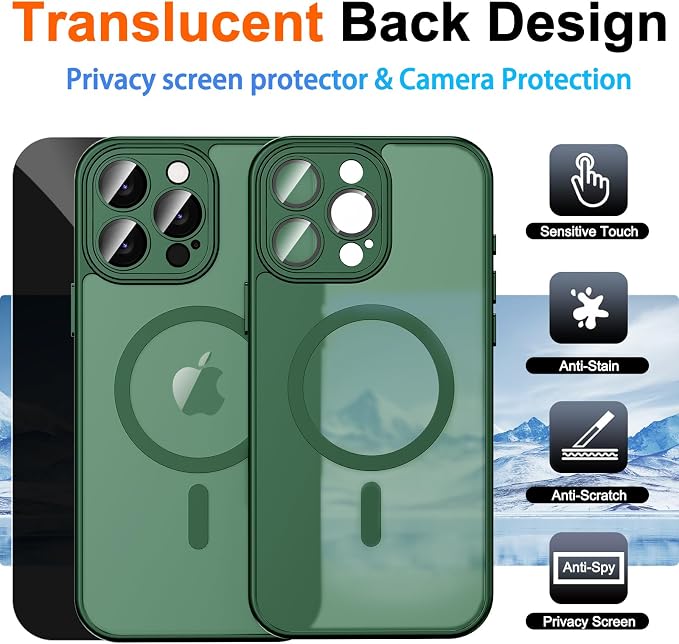 for iPhone 14 Pro Case with Privacy Screen Protector, Green | Full Camera Protection, Translucent Matte Magnetic, Compatible with MagSafe, Shockproof Phone Cover, Slim Fit - Image 2