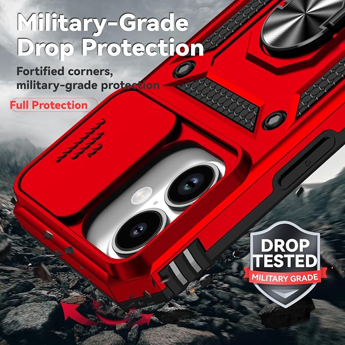 HNHYGETE for iPhone 16 Case with Screen Protector: [Military Grade 20ft. Drop Tested] Slide Camera Cover Ring Shockproof Protective Phone Case for - iPhone 16 (Red) - Image 3