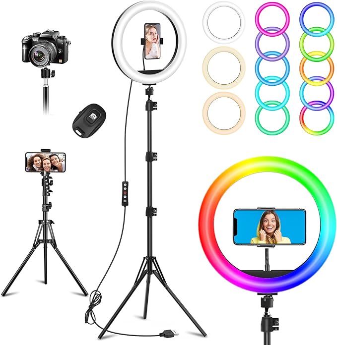 10.3" Selfie Ring Light with Stand and Phone Holder, 73" Tripod 96 RGB Mode | Remote for iPhone &Android Camera. LED Halo Light for Photo/Video Recording/TikTok/Makeup. Vlogging Circle Ringlight Dimmable by Vlogging