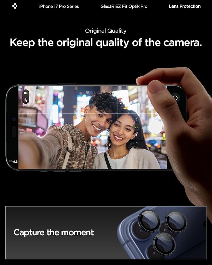 Spigen Camera Lens Protector for iPhone 17 Pro Max / 17 Pro - Blue Titanium | GlasTR EZ Fit Optik Pro, 9H+Tempered glass, Scratch resistant, Auto-align tray, Original photo quality, Case-friendly, 2Pack - Image 3