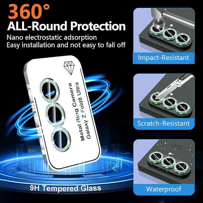 for Samsung Galaxy Z Fold 8 Ultra Camera Lens Protector, Individual Metal Ring Tempered Glass Lens Cover, [Strong Adsorption] Scratch Resistant Ultra-Thin HD Clear Lens Cover, 1 Set-Green Diamond - Image 2