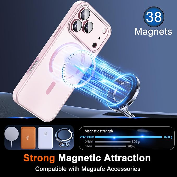 Magnetic for iPhone 17 Pro Max Case, Shockproof Cover, Pink | Full Camera Protector, with Privacy Screen Protector, Compatible with MagSafe, Translucent Matte, Military-Grade Protection - Image 3