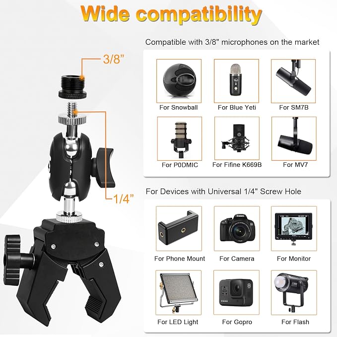 Mic Crab Clamp Microphone Mount, Desk Pipe Pole Clamp Mic Mount with Dual Ball Head Adjustment 1/4" to 5/8" Thread, Fits Mic Stand, Drum Stand, Desktop Shelf - Image 5